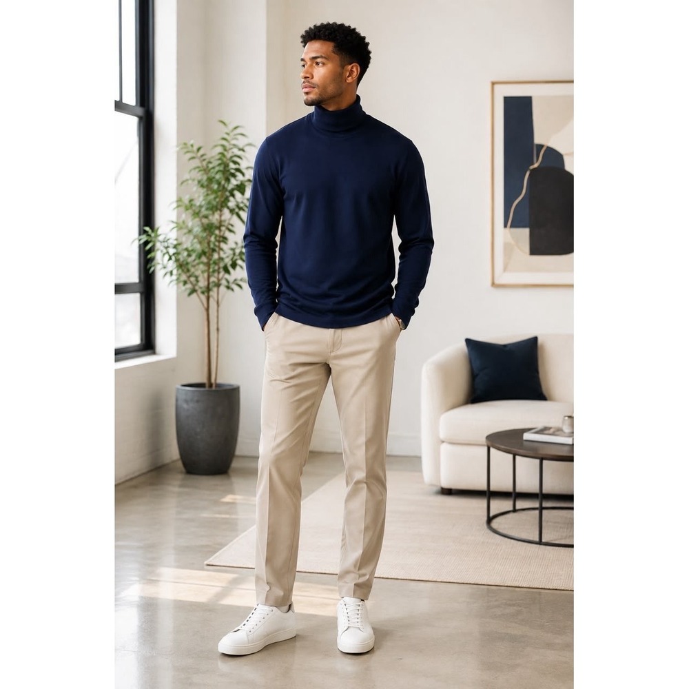 EDC Men's Navy Blue Turtleneck Shirt XL Long Sleeve Cotton Blend Stretch Top